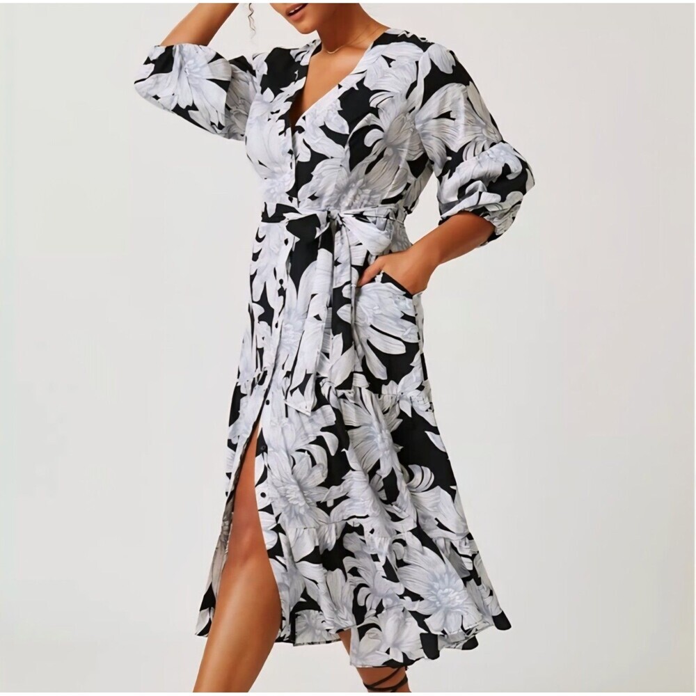Anthropologie Maeve Puff-Sleeve Midi Dress Sz 8 Floral Black White Button Front
